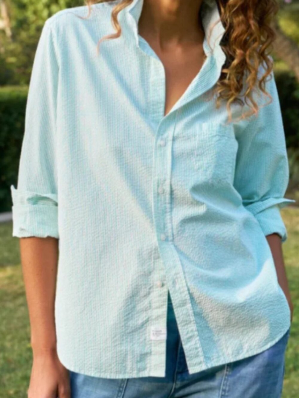 J. CREW Seersucker Buttondown Shirt top green white stripe cotton size 10 preppy
